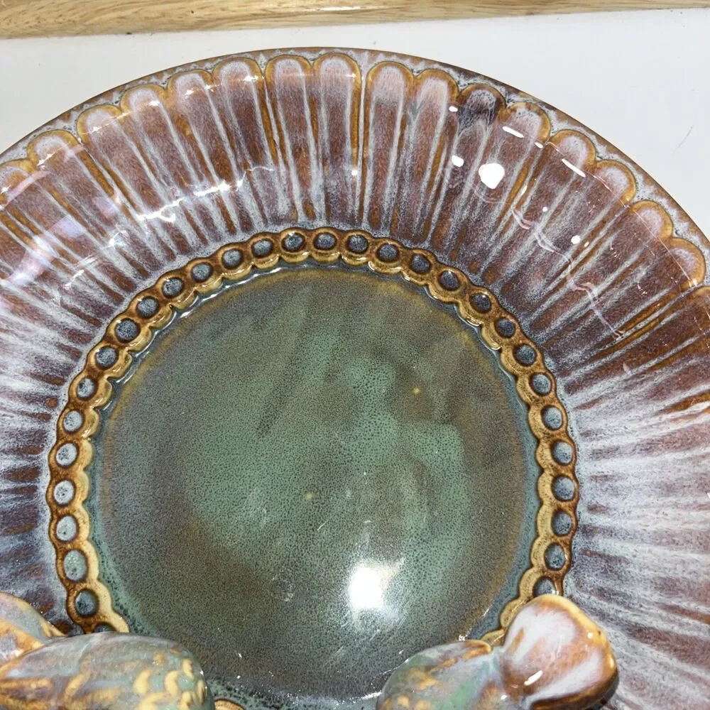 Tii Vintage Studio art Pottery Bowl With Birds Mid-century Modern 1970 Glaze